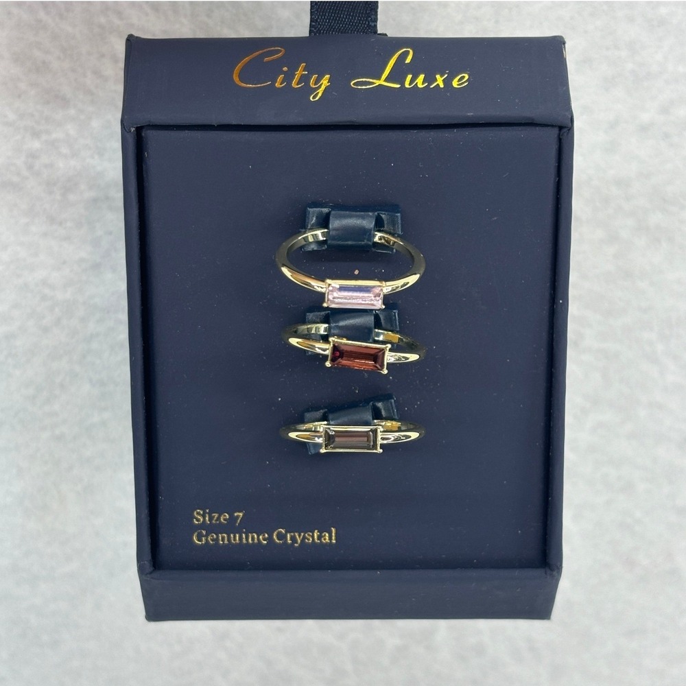City Luxe Gold Plated Ring Set Size 7 Genuine Crystal Baguette Stackable - Picture 2 of 4